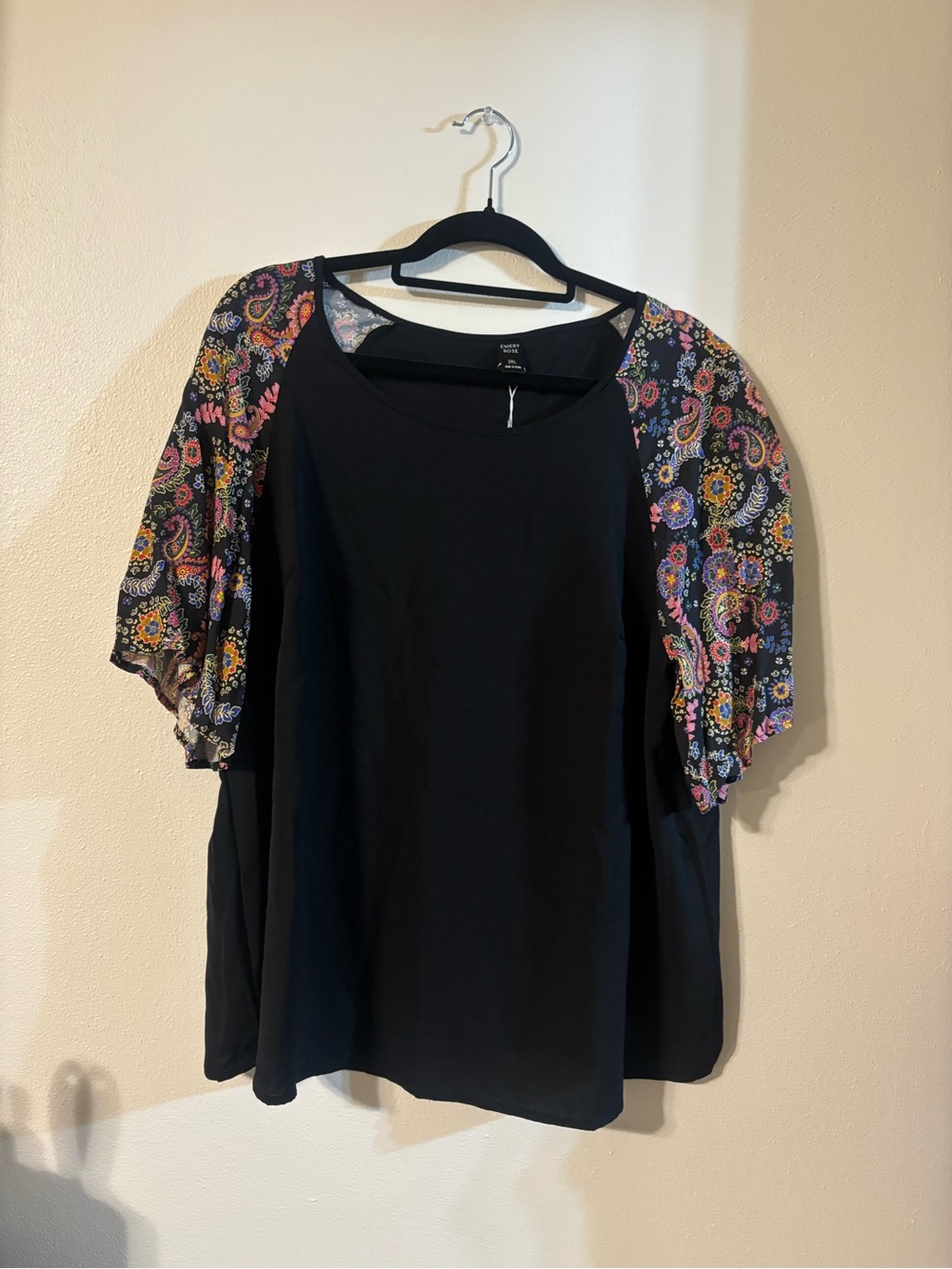 Black Blouse with Colorful Paisley Short Sleeves - Women's
